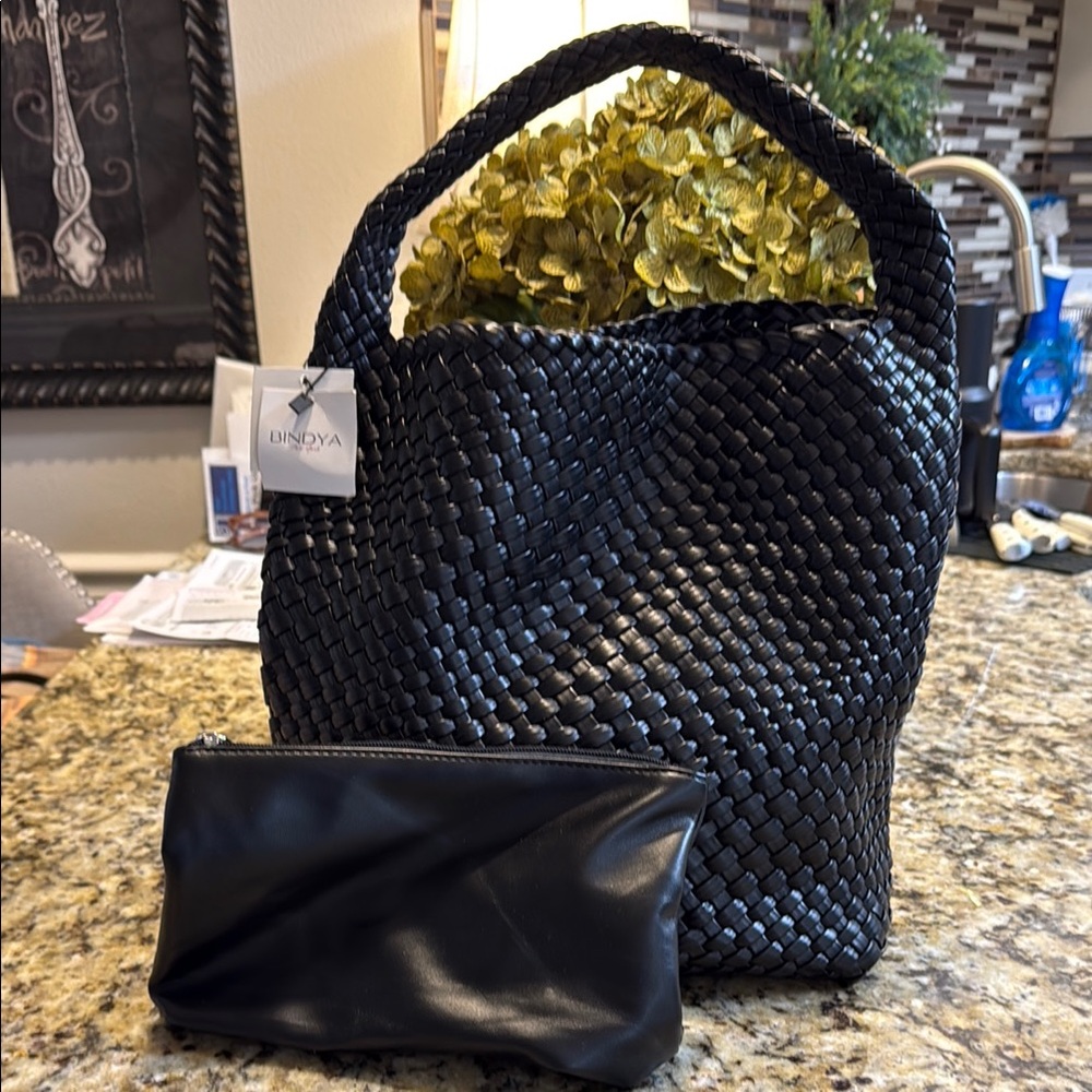 Bindya Black Woven Tote Bag with Pouch